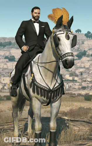 A Man In A Tuxedo Is Riding A Horse GIF