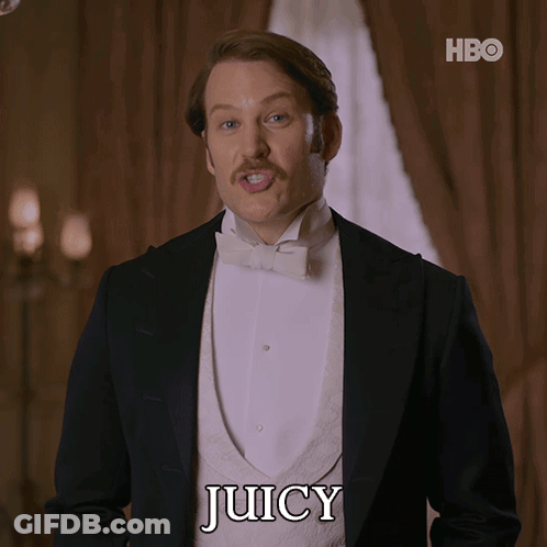 A Man In A Tuxedo Is Saying Juicy In Front Of A Hbo Logo GIF