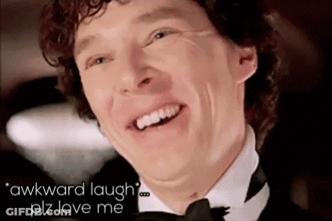 A Man In A Tuxedo Is Smiling With The Words `` Awkward Laugh , Plz Love Me '' . GIF