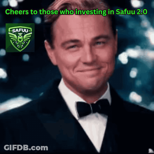 A Man In A Tuxedo Is Smiling With The Words Cheers To Those Who Investing In Safuu 2.0 GIF