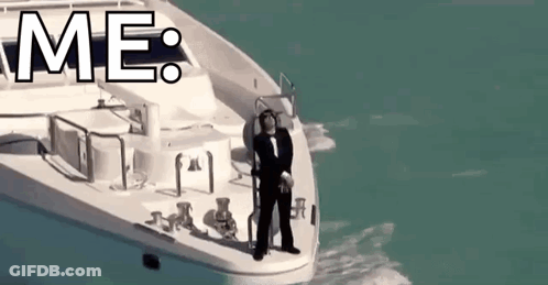 A Man In A Tuxedo Is Standing On The Side Of A Boat With The Word Me Above Him . GIF