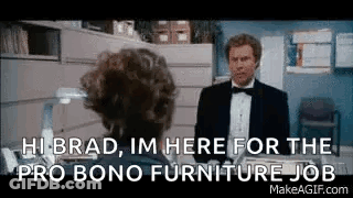 A Man In A Tuxedo Is Talking To A Woman In An Office And Asking Her For A Furniture Job . GIF