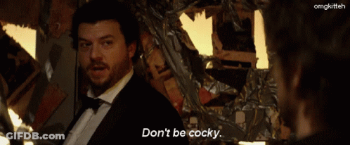A Man In A Tuxedo Says " Don T Be Cocky " GIF