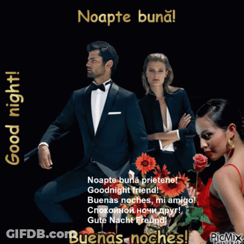 A Man In A Tuxedo Sits Next To A Woman In A Red Dress On A Picture That Says " Good Night " GIF