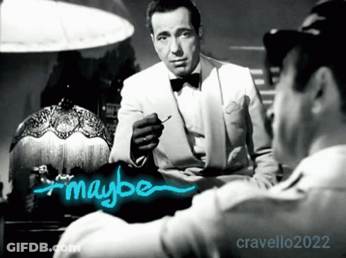A Man In A Tuxedo Smoking A Cigarette Next To Another Man With The Word Maybe In Blue GIF