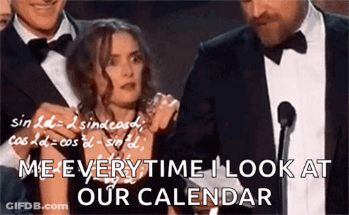 A Man In A Tuxedo Stands Next To A Woman And Says " Me Every Time I Look At Our Calendar GIF