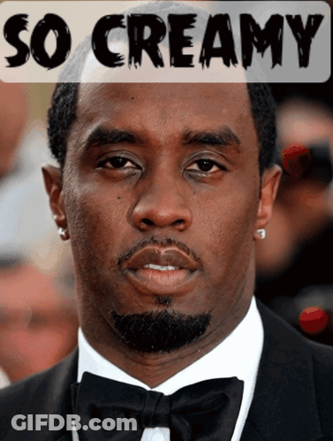 A Man In A Tuxedo With The Words So Creamy Written Above Him GIF