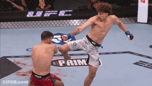 A Man In A UFC Shorts Kicking Another Man In Red Shorts GIF