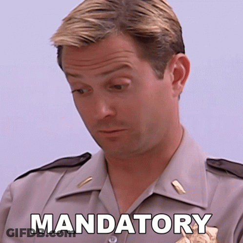 A Man In A Uniform Has The Word Mandatory Written On His Chest GIF