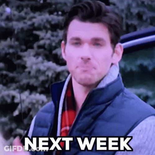 A Man In A Vest Is Standing Next To A Car With The Words Next Week Written On The Screen . GIF