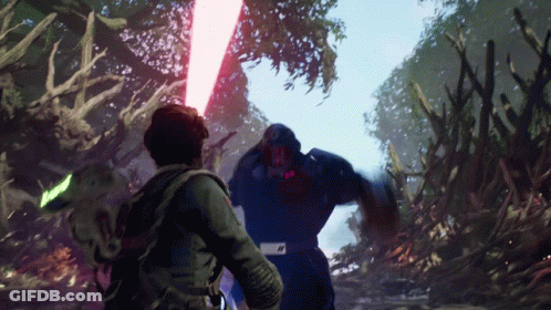 A Man In A Video Game Is Fighting A Monster With A Light Saber GIF