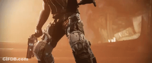 A Man In A Video Game Is Holding A Gun In His Hand . GIF