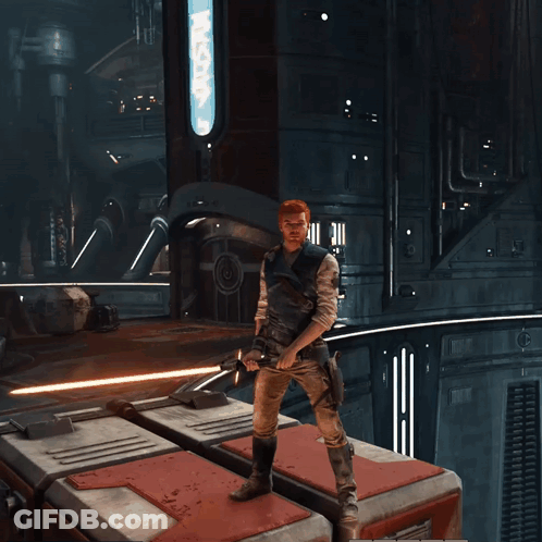 A Man In A Video Game Is Holding A Sword In Front Of A Sign That Says ' Asimov ' GIF