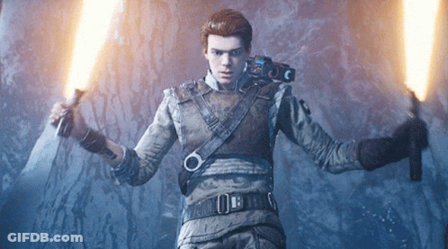 A Man In A Video Game Is Holding Two Lightsabers In Front Of A Blue Wall GIF