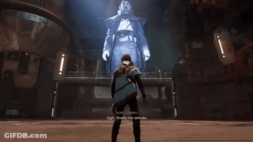 A Man In A Video Game Is Standing In Front Of A Large Screen That Says ' Borc Tormio ' On It . GIF