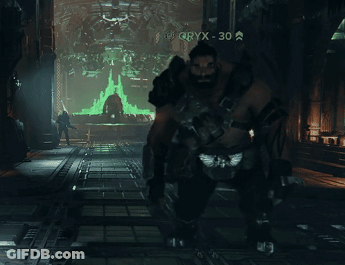 A Man In A Video Game Is Standing In Front Of A Screen That Says Oryx-30 GIF