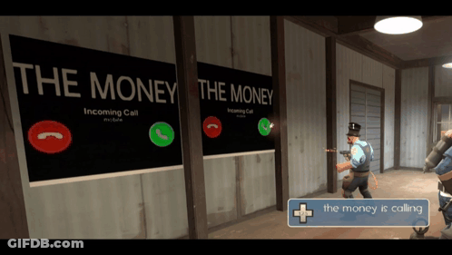 A Man In A Video Game Is Standing In Front Of A Sign That Says The Money Is Calling GIF