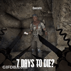 A Man In A Video Game Is Surrounded By Knives And The Words " 7 Days To Die " GIF