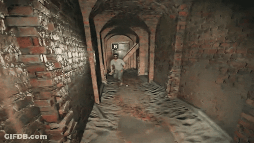 A Man In A Video Game Is Walking Through A Hallway With The Words Hello Chat Written On The Bottom GIF