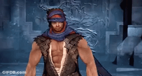 A Man In A Video Game Is Wearing A Blue Turban And A Sword . GIF