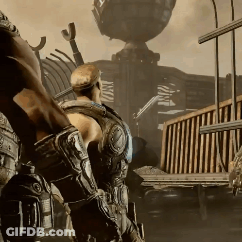 A Man In A Video Game Is Wearing A Glove That Says ' Armour ' On It GIF