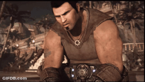 A Man In A Video Game Is Wearing A Necklace With A Gear Around His Neck GIF