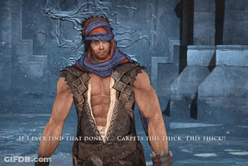 A Man In A Video Game Says " If I Ever Find That Donkey ... Carpets This Thick This Thick " GIF