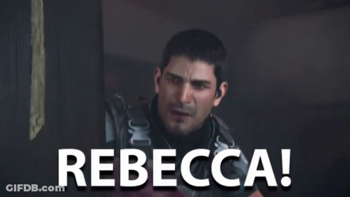 A Man In A Video Game Says Rebecca In White Letters GIF