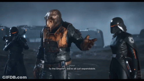 A Man In A Video Game Says " To The Empire ... We 'Re All Just Expendable " GIF