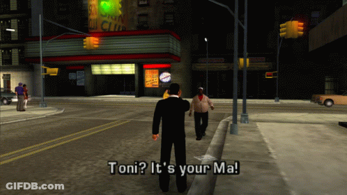 A Man In A Video Game Says Toni It 'S Your Ma While Walking Down A Street GIF