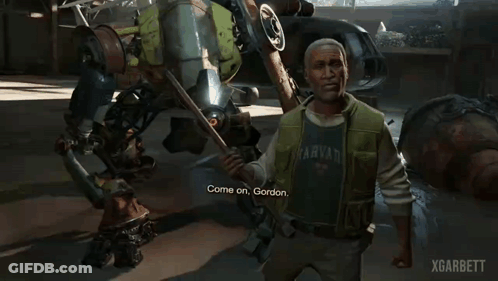 A Man In A Video Game Says " We 'Ve Got Work To Do " In Front Of A Robot GIF