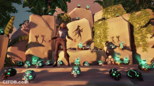 A Man In A Video Game Surrounded By Skulls And Rocks GIF
