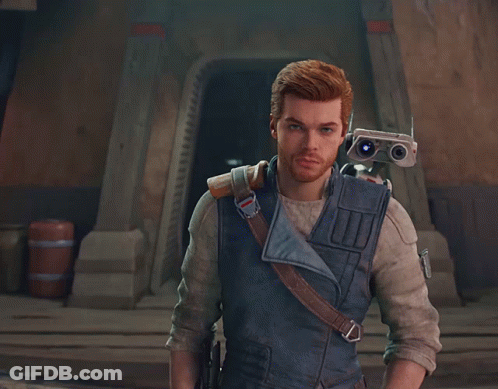 A Man In A Video Game With A Robot On His Shoulder GIF