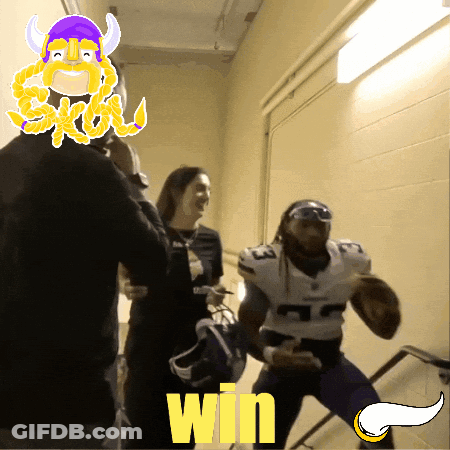 A Man In A Vikings Jersey Is Running Down Stairs With The Word Win Behind Him GIF