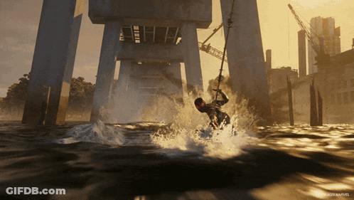 A Man In A Wet Suit Is Riding A Wave In A Video Game GIF
