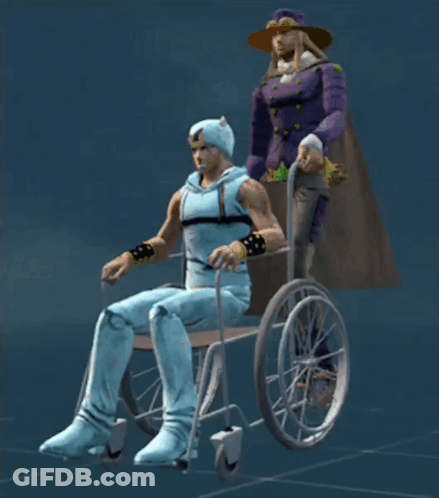 A Man In A Wheelchair Is Being Pushed By Another Man In A Purple Outfit GIF