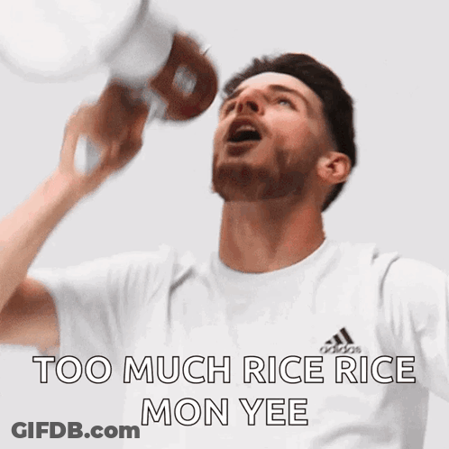 A Man In A White Adidas Shirt Is Drinking From A Bottle Of Rice GIF