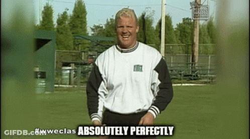 A Man In A White And Black Shirt Is Standing In A Field With The Words Absolutely Perfectly Below Him GIF