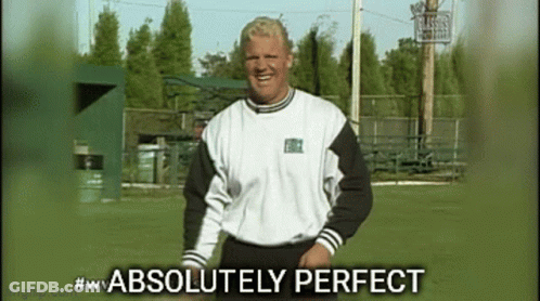A Man In A White And Black Shirt Is Standing On A Field With The Words " Absolutely Perfect " Below Him GIF