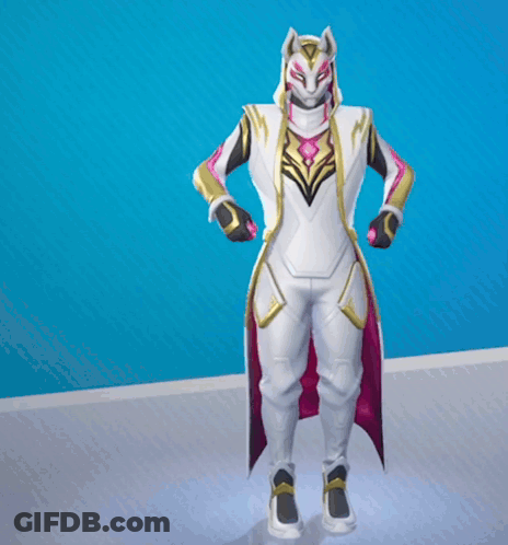 A Man In A White And Gold Outfit With A Pink Cape Stands In Front Of A Blue Wall GIF