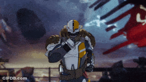 A Man In A White And Yellow Armor With A Helmet On GIF