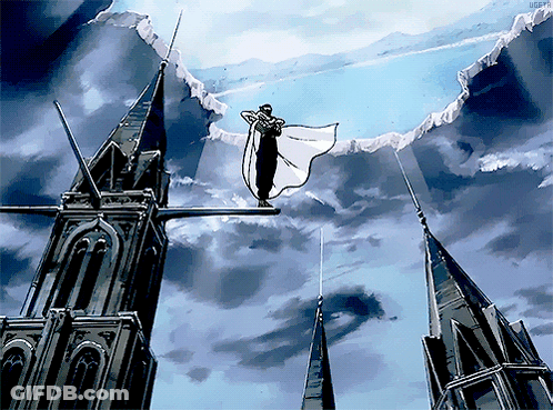 A Man In A White Cape Is Flying Through The Air Between Two Very Tall Buildings GIF