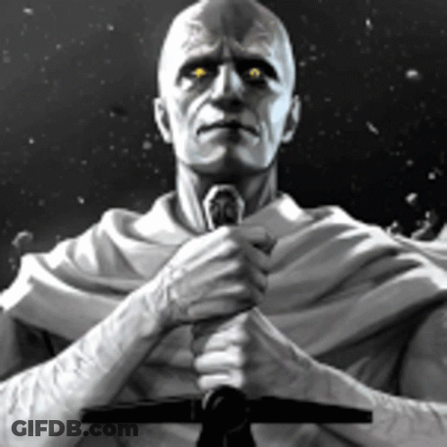 A Man In A White Cape Is Holding A Sword GIF