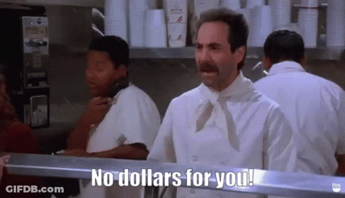A Man In A White Chef 'S Uniform Says No Dollars For You . GIF