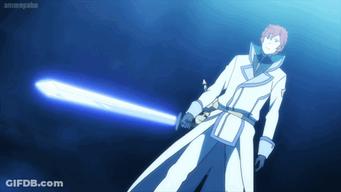 A Man In A White Coat Is Holding A Blue Sword With Animepahe Written On The Bottom Right GIF