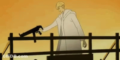 A Man In A White Coat Is Holding A Gun While Standing Next To A Girl . GIF