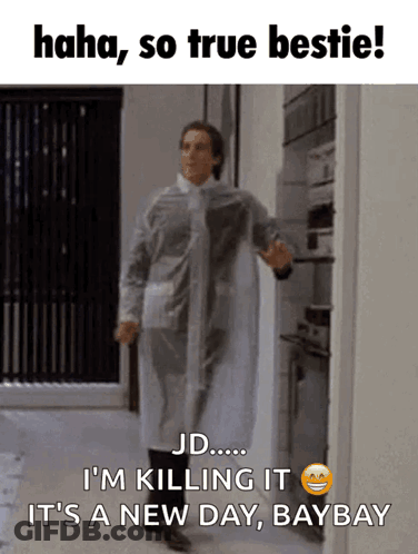 A Man In A White Coat Is Standing In A Doorway With The Words " Haha So True Bestie " On The Bottom GIF