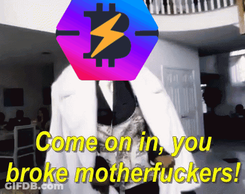 A Man In A White Coat With The Words Come On In You Broke Motherfuckers Below Him GIF