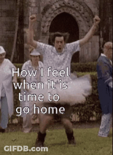 A Man In A White Dress Is Dancing In Front Of A Group Of People And Says How I Feel When It Is Time To Go Home GIF