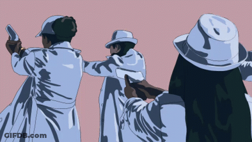 A Man In A White Hat Is Pointing A Gun At Another Man In A White Trench Coat GIF
